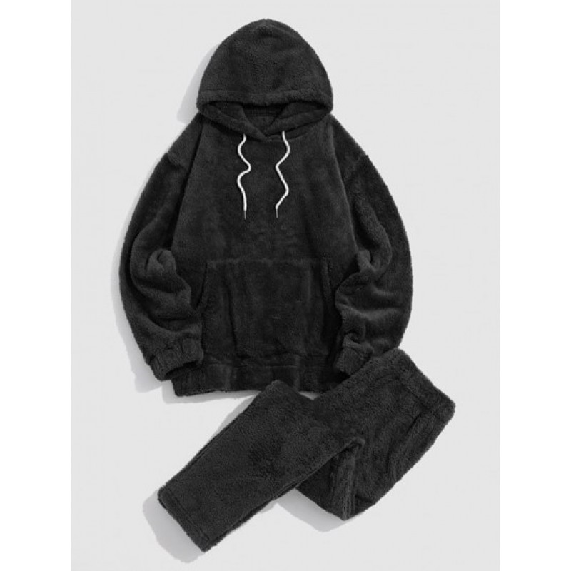 Solid Front Pocket Fluffy Fleece Hoodie And Pants Two Piece Set