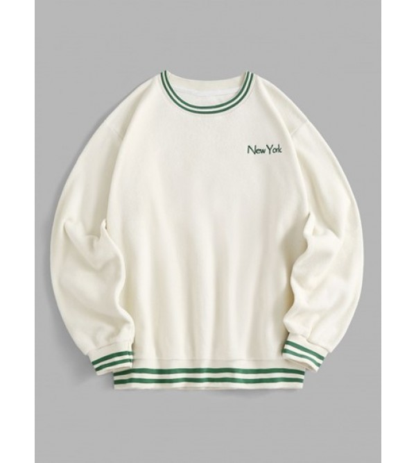 Striped Trim Polar Fleece Fluffy New York Embroidered Sweatshirt