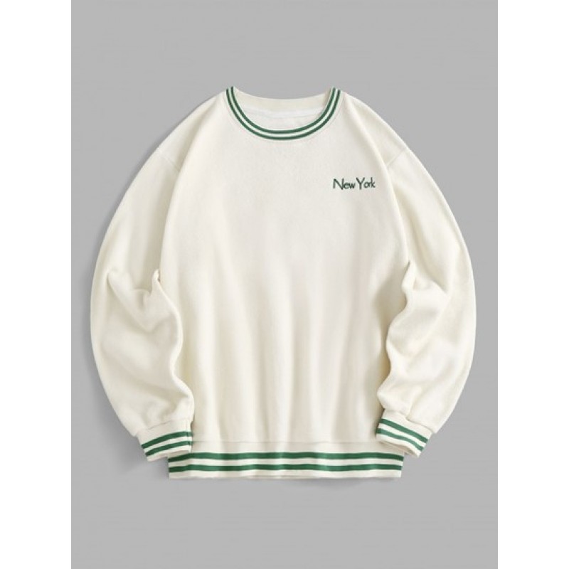 Striped Trim Polar Fleece Fluffy New York Embroidered Sweatshirt