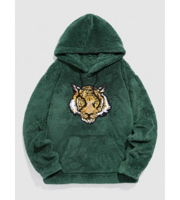 Tiger Embroidered Pocket Fluffy Hoodie