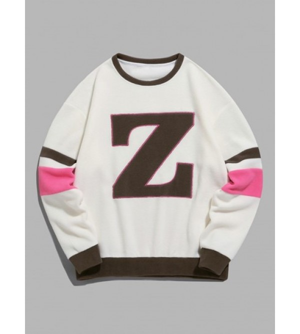 Color Spliced Fuzzy Polar Fleece Letter Patch Design Sweatshirt