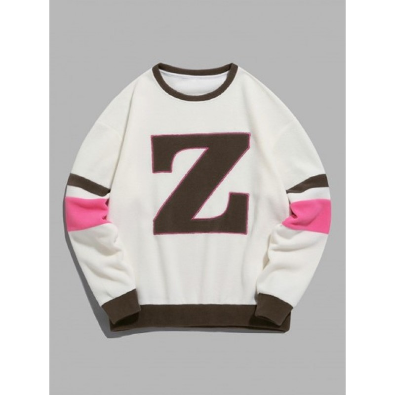 Color Spliced Fuzzy Polar Fleece Letter Patch Design Sweatshirt