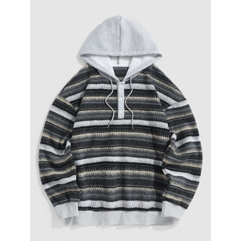 Quarter Button Hooded Spliced Colorblock Fuzzy Sweater