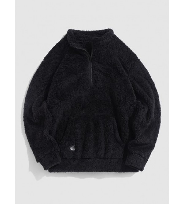 Faux Fur Fluffy Fleece Quarter Zip Label Patch Design Sweatshirt