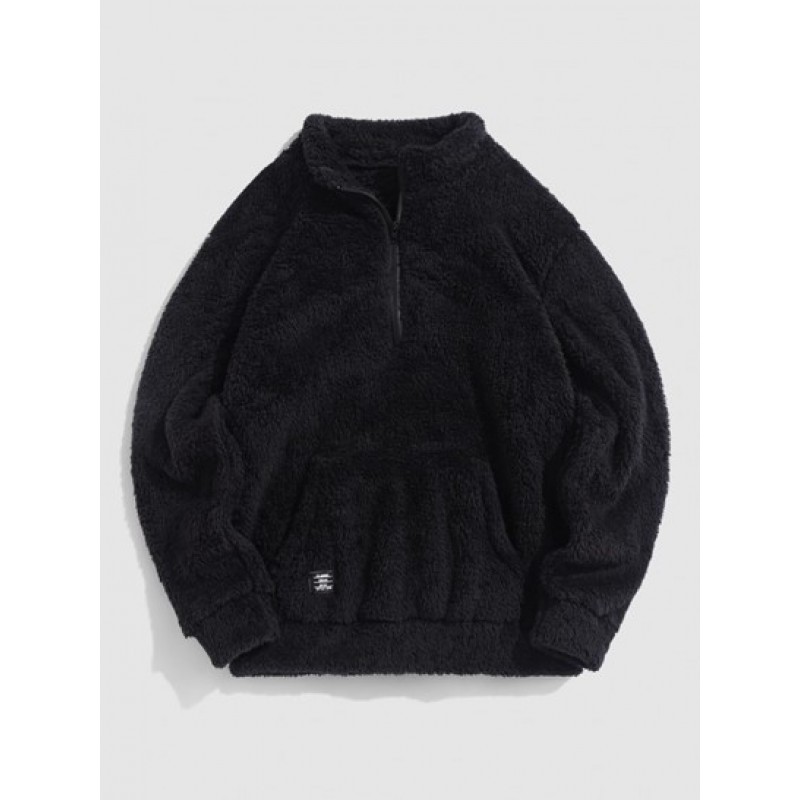 Faux Fur Fluffy Fleece Quarter Zip Label Patch Design Sweatshirt