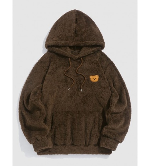 Kangaroo Pocket Bear Pattern Drawstring Fluffy Faux Fur Hoodie