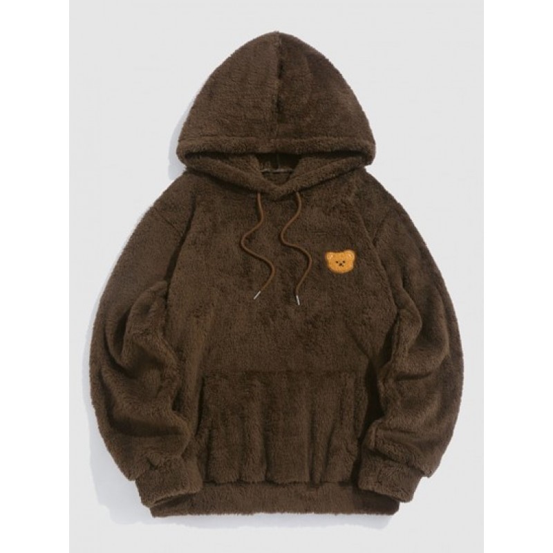 Kangaroo Pocket Bear Pattern Drawstring Fluffy Faux Fur Hoodie