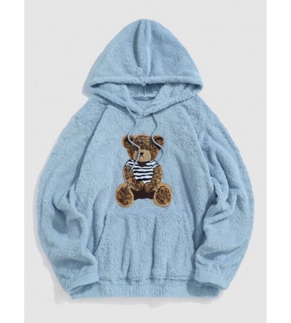 Bear Terry Embroidered Pullover Fluffy Faux Fur Teddy Hoodie