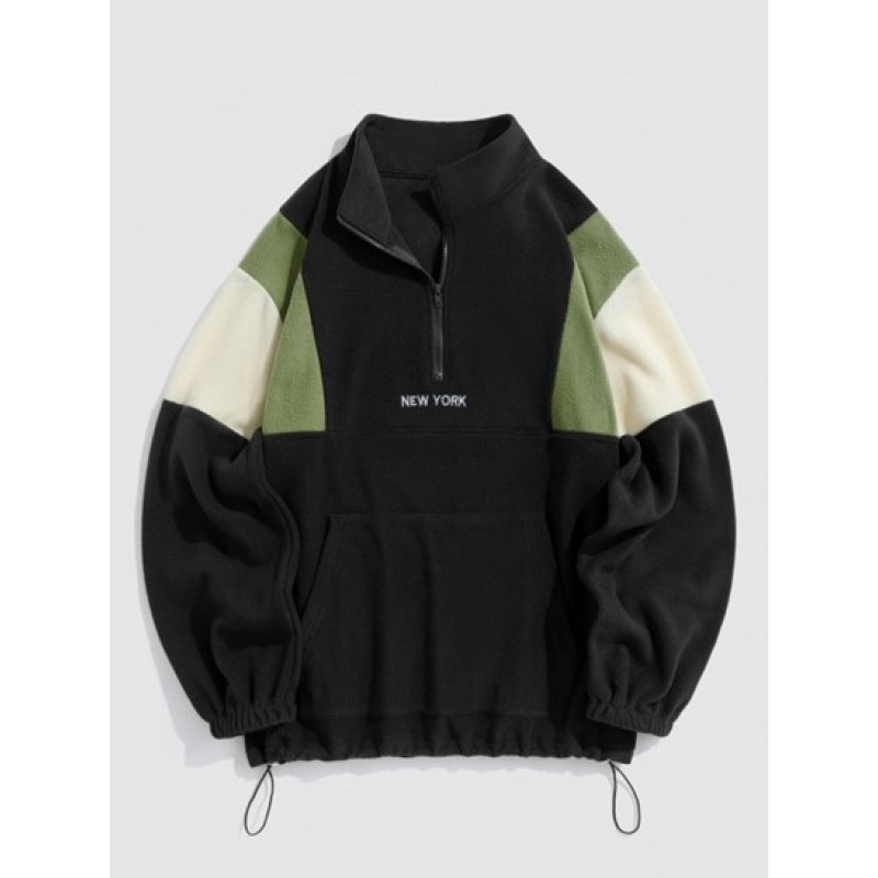 Fluffy Polar Fleece NEW YORK Embroidery Colorblock Half Zip Sweatshirt