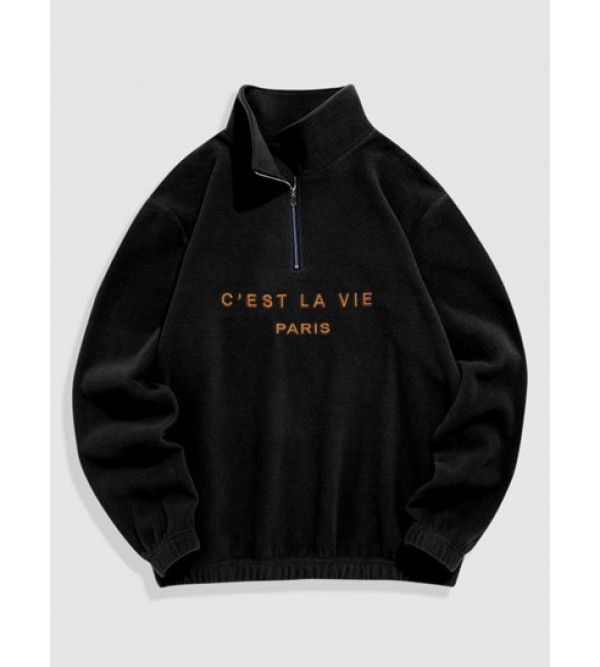 Fuzzy C' EST LA VIE Letter Embroidered Quarter Zip Polar Fleece Sweatshirt