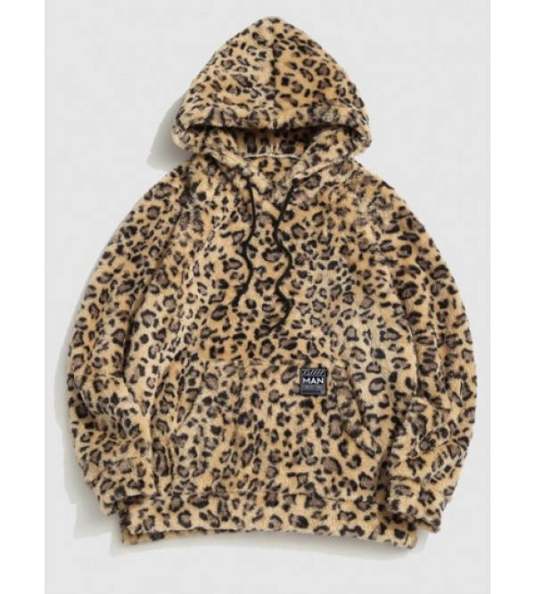 Leopard Pattern Applique Fleece Fluffy Hoodie