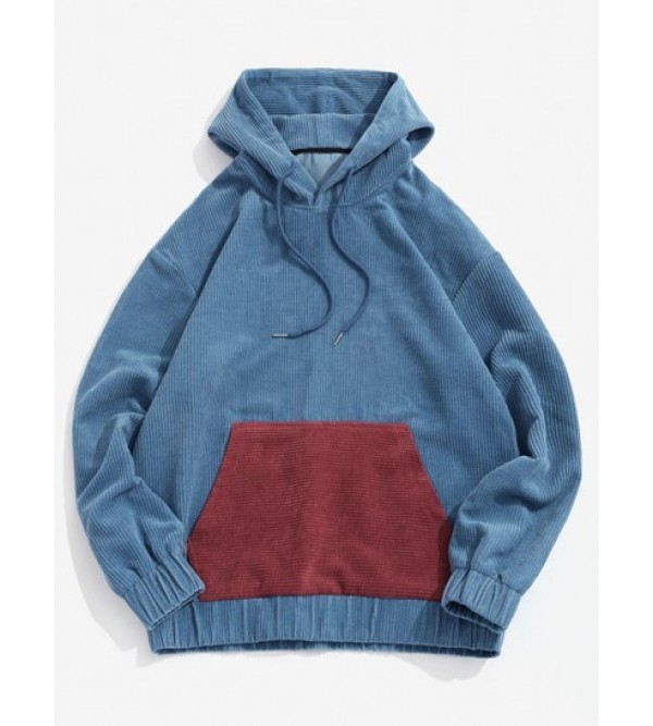 Colorblock Patchwork Pocket Corduroy Hoodie