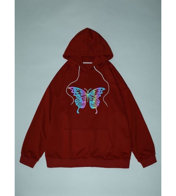 Y2K Aesthetic Reflective Butterfly Print Drop Shoulder Hoodie