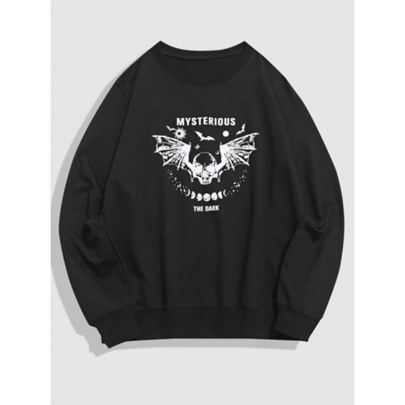 Halloween Skull Bat Graphic Print Y2K Aesthetic Sweatshirt