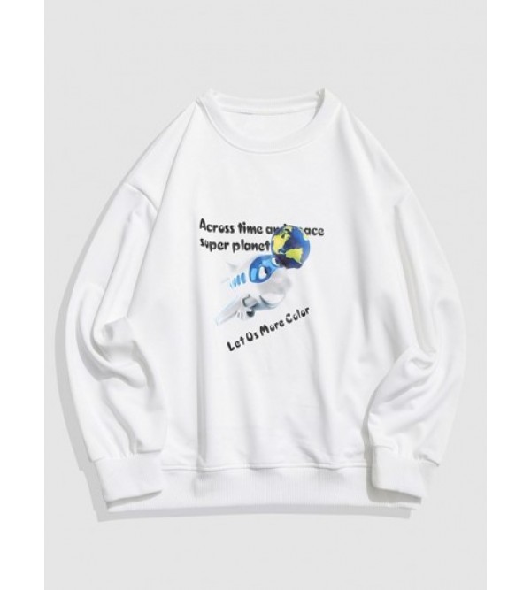 Cartoon Animal Earth  Letter Drop Shoulder Sweatshirt