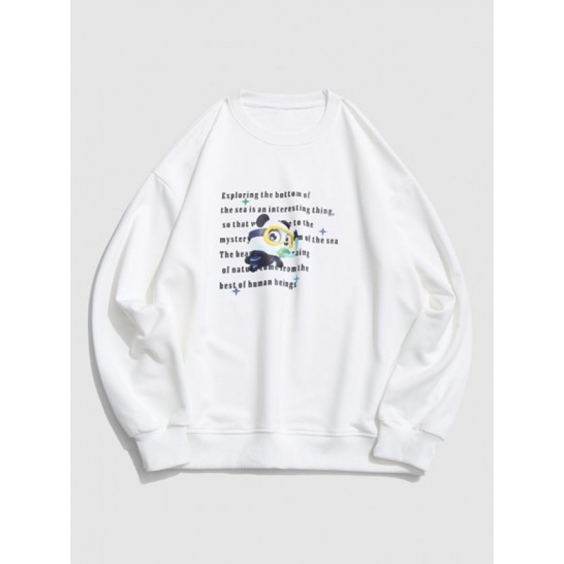 Cartoon Animal Text Print Drop Shoulder Sweatshirt