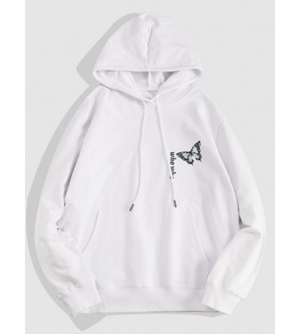 Letters Butterfly Print Kangaroo Pocket Hoodie