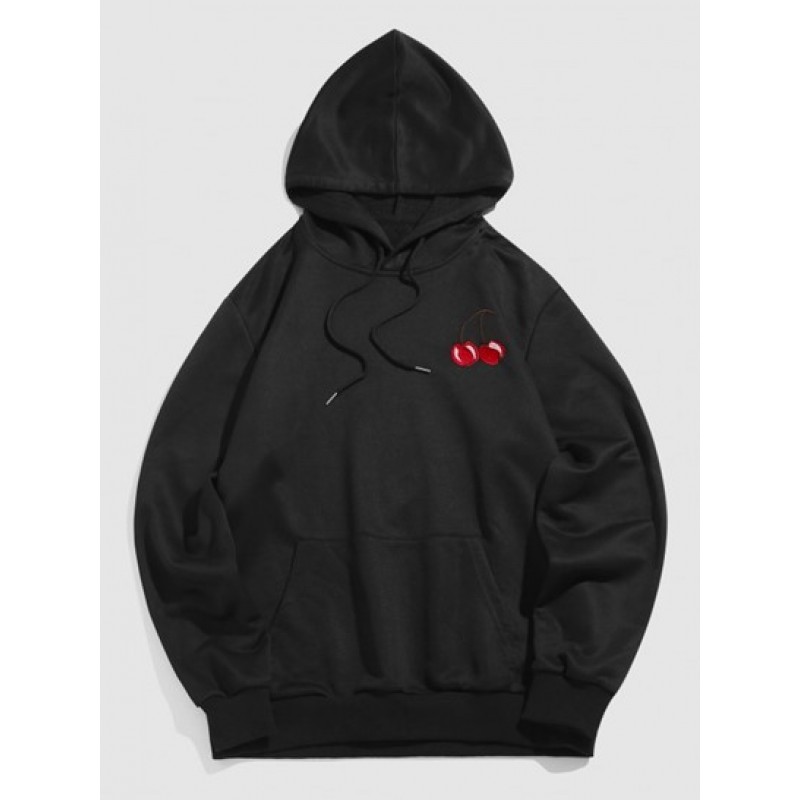 Streetwear Cherry Embroidery Pouch Pocket Hoodie