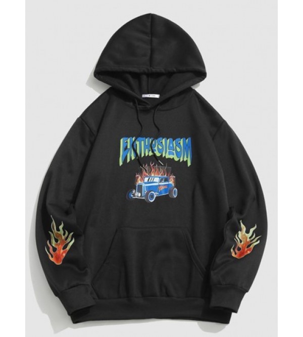 Streetwear Flame Car Graphic Fleece-lined Streetwear Hoodie