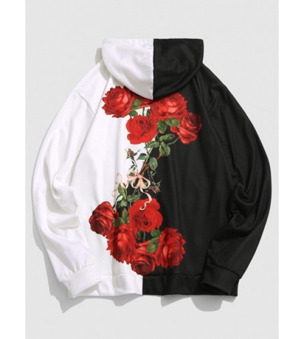 Color Block Two Tone Rose Flowers Print Streetwear Drawstring Hoodie