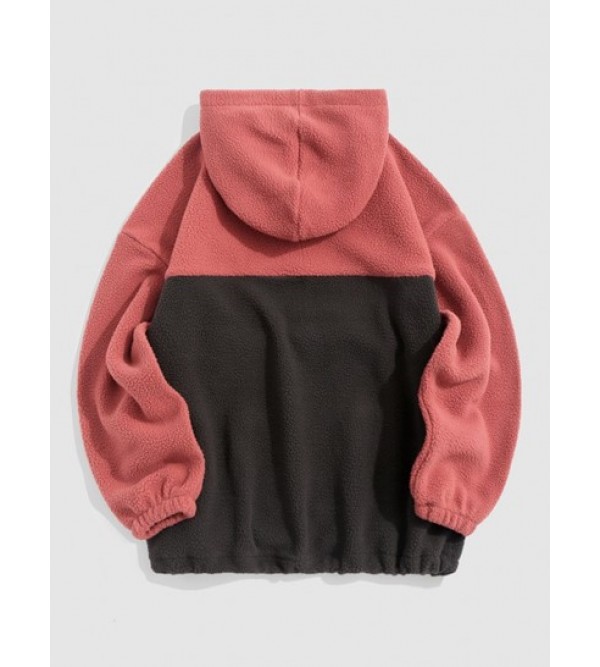 Front Pocket Two Tone Colorblock Fleece Faux Shearling Fluffy Oversized Hoodie