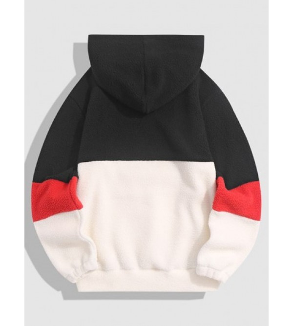 Streetwear Colorblock Patch Polar Faux Fur Fleece Hoodie