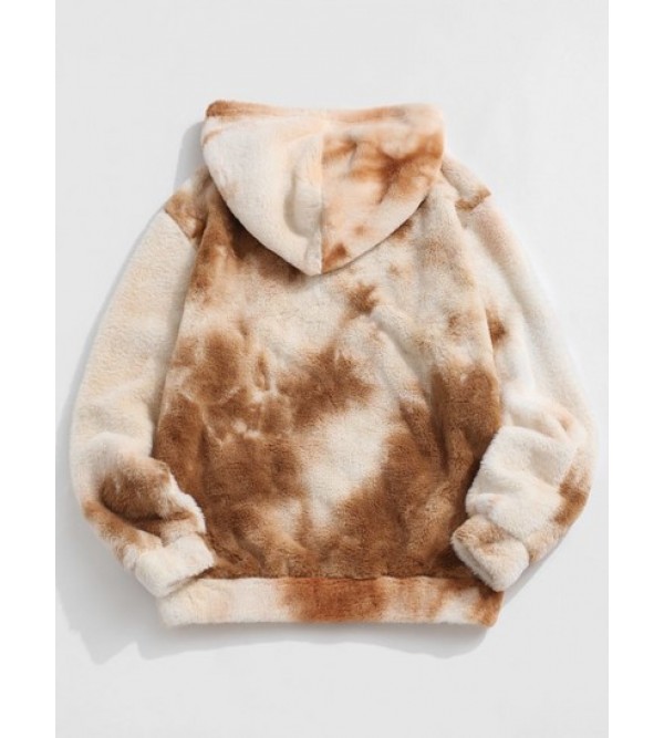 Contrast Tie Dye Pattern Fleece Faux Fur Fluffy Hoodie