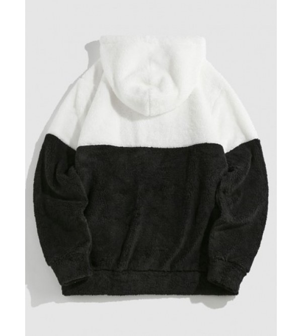 Letters Embroidered Two Tone Fluffy Hoodie