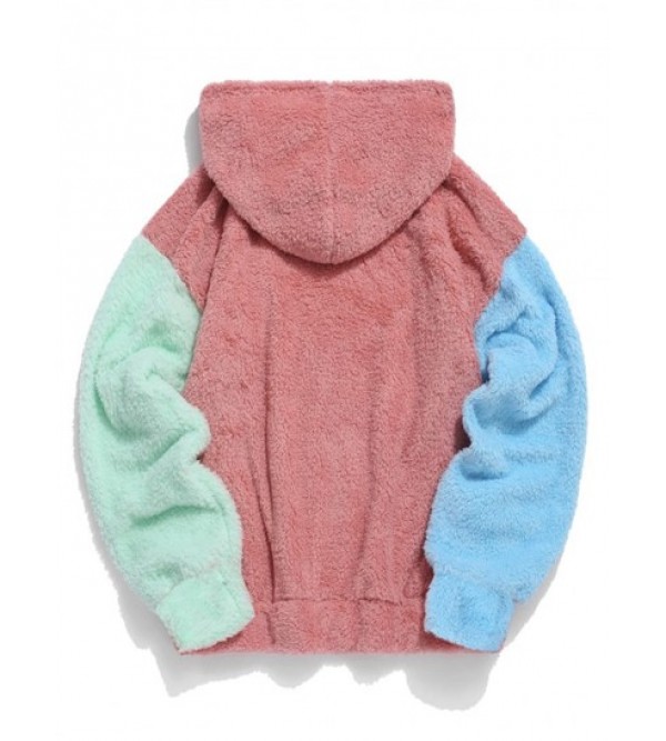 Color-blocking Splicing Fuzzy Fleece Pullover Hoodie