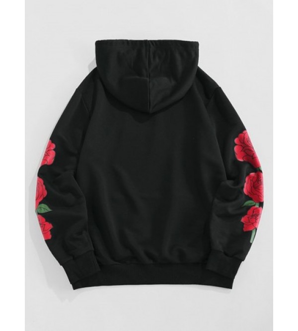 Flowers Letters Print Kangaroo Pocket Hoodie