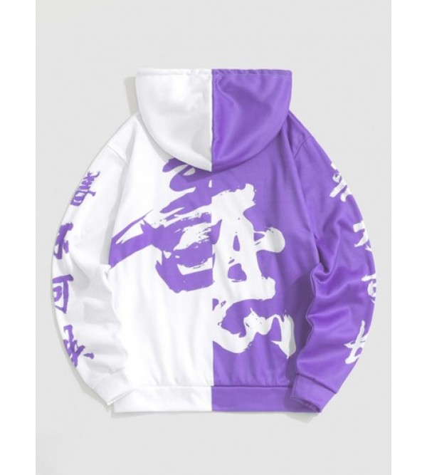 Y2K Aesthetic Two Tone Oriental Chinese Letter Print Drawstring Hoodie