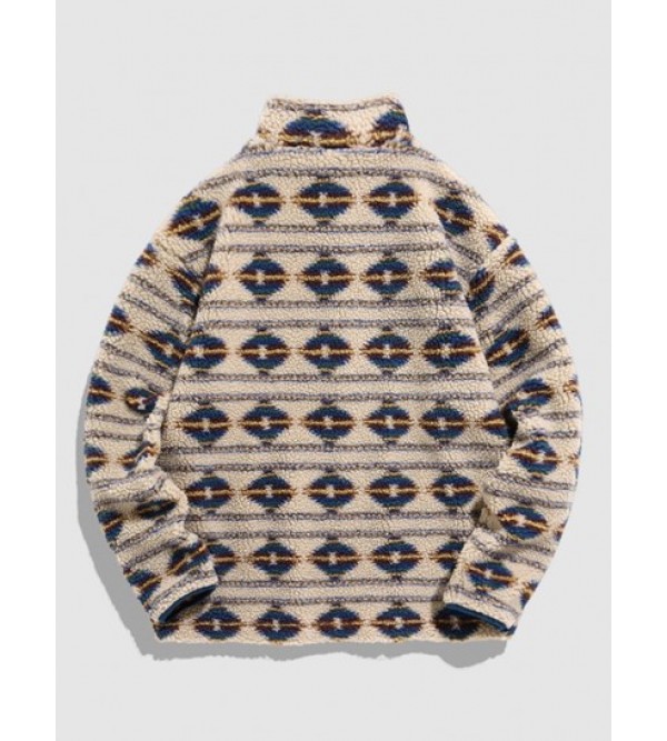 Fuzzy Faux Shearling Quarter Zip Ethnic Tribal Print Sweatshirt