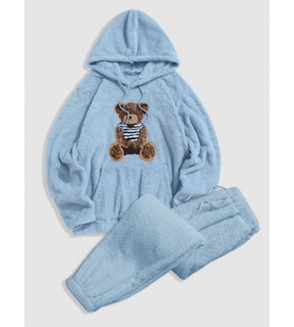 Bear Pattern Pullover Fluffy Teddy Hoodie And Beam Feet Pants Faux Fur Set