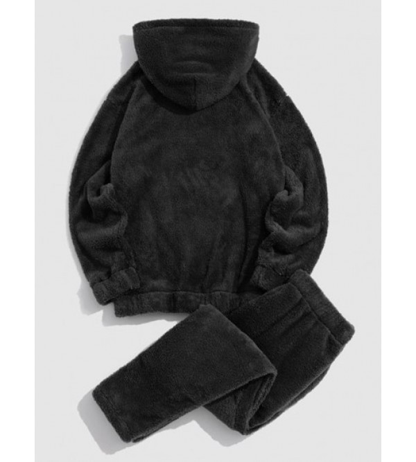 Solid Front Pocket Fluffy Fleece Hoodie And Pants Two Piece Set