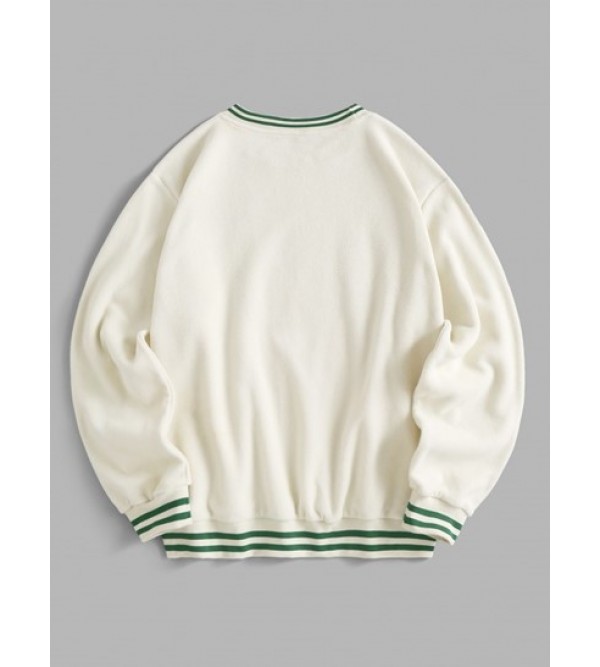 Striped Trim Polar Fleece Fluffy New York Embroidered Sweatshirt