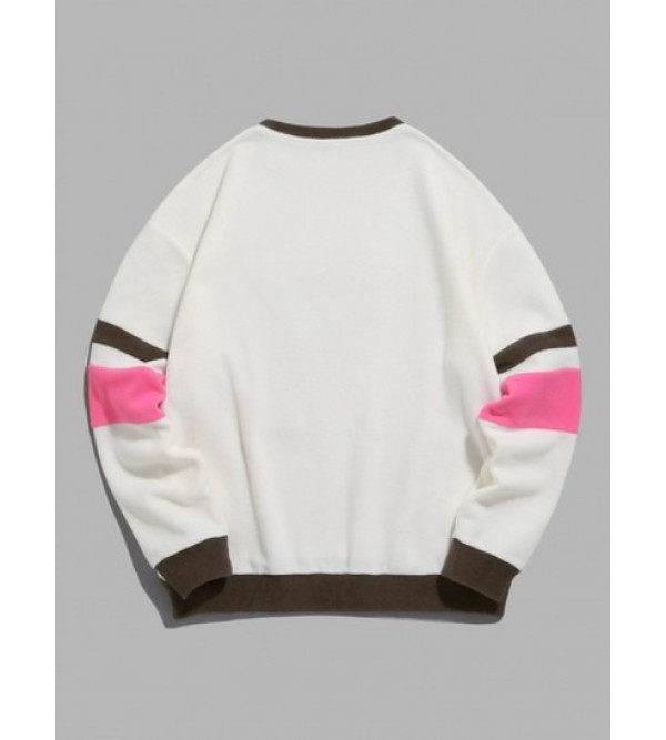 Color Spliced Fuzzy Polar Fleece Letter Patch Design Sweatshirt