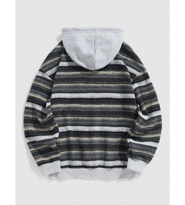 Quarter Button Hooded Spliced Colorblock Fuzzy Sweater