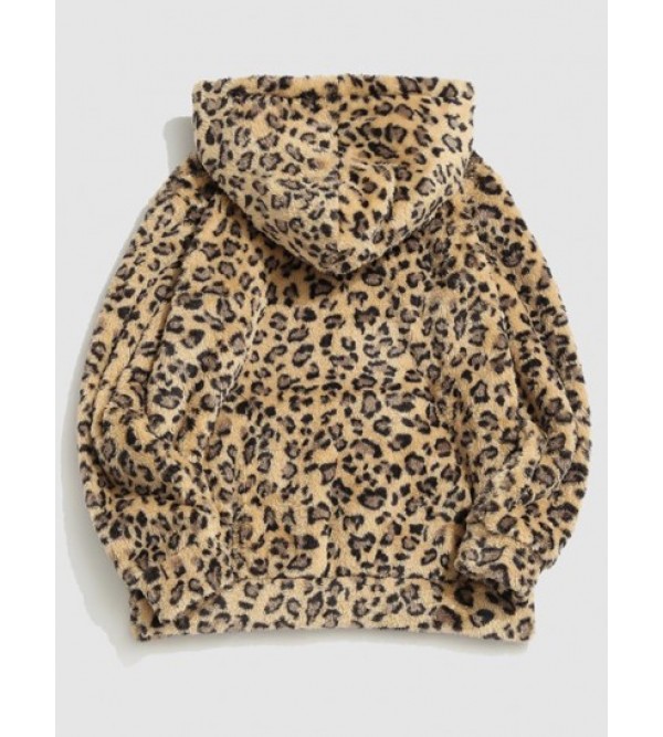 Leopard Pattern Applique Fleece Fluffy Hoodie