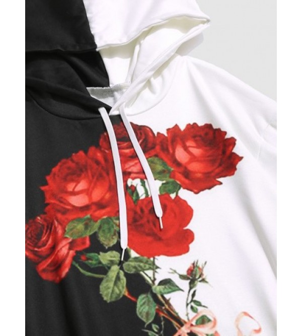 Color Block Two Tone Rose Flowers Print Streetwear Drawstring Hoodie