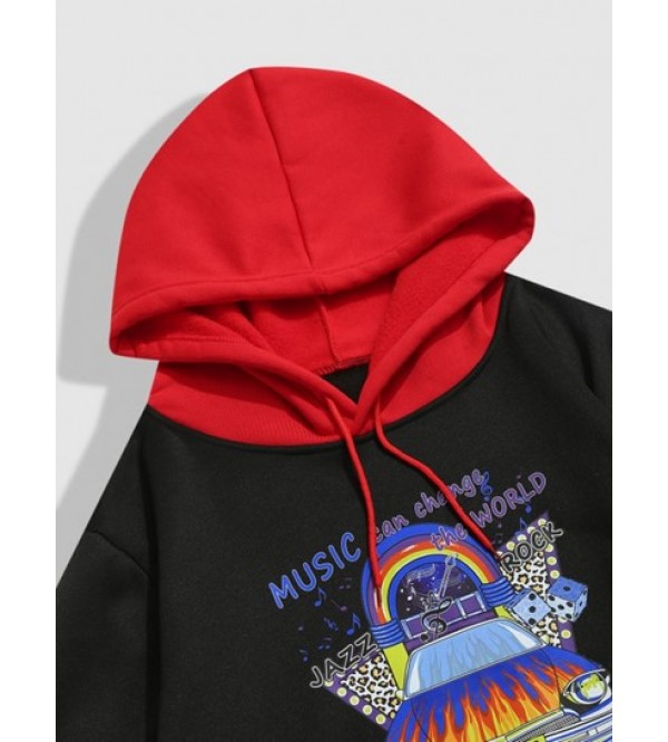 Streetwear Music Car Graphic Fleece-lined Colorblock Hoodie