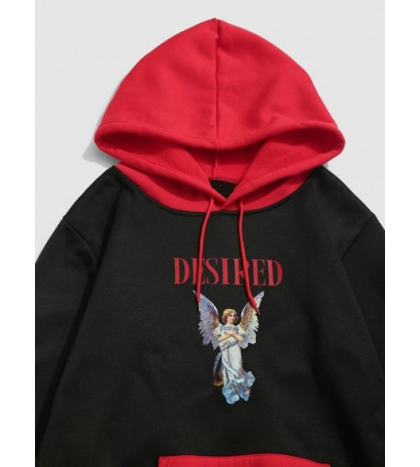 Streetwear Desired Angel Print Fleece-lined Colorblock Vintage Hoodie