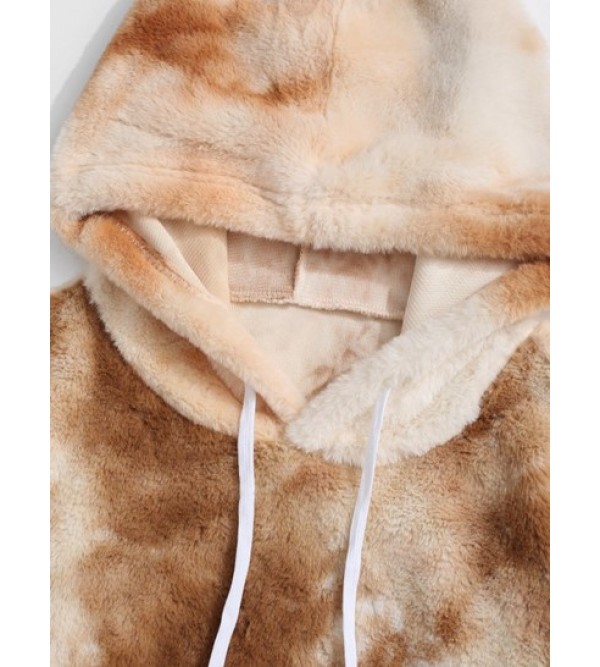 Contrast Tie Dye Pattern Fleece Faux Fur Fluffy Hoodie