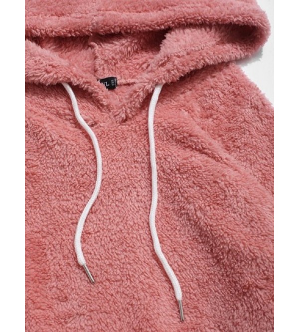 Color-blocking Splicing Fuzzy Fleece Pullover Hoodie