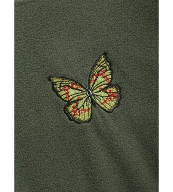 Butterfly Embroidery Fuzzy Polar Fleece Sweatshirt