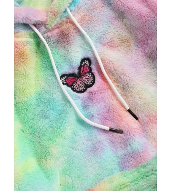 Tie Dye Pattern Butterfly Embroidered Fluffy Fleece Hoodie