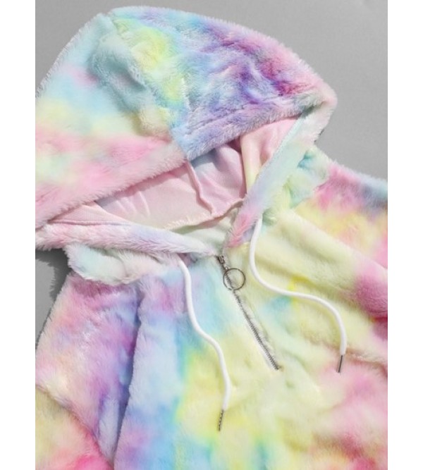 Tie Dye Faux Fur Half Zipper Fluffy Hoodie