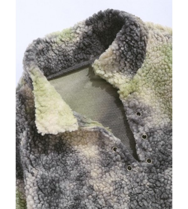 Fluffy Teddy Faux Sherpa Faux Fur Tie-dye Stand Collar Sweatshirt