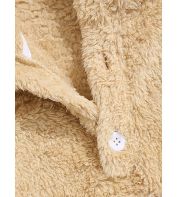 Chinese Characters Embroider Quarter Button Fluffy Faux Fur Teddy Sweatshirt