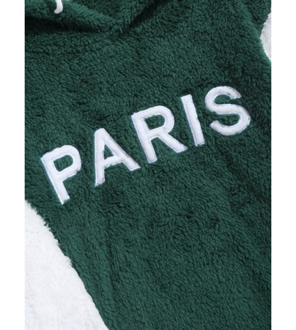 PARIS Embroidered Fuzzy Pullover Faux Fur Hoodie