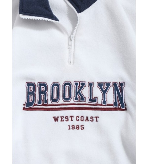 Quarter Zip Colorblock BROOKLYN WEST COAST Embroidery Polar Fleece Thermal Lined Pullover Sweatshirt